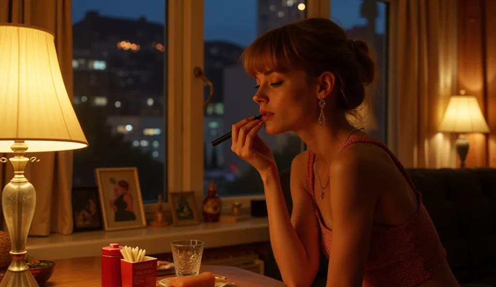 A warm summer evening in the 1980s. A young European-looking woman, dressed in classic 80s fashion, is getting ready for a night out. She carefully applies lipstick, adjusting her look under the soft glow of a lamp. Her retro apartment is filled with styli...