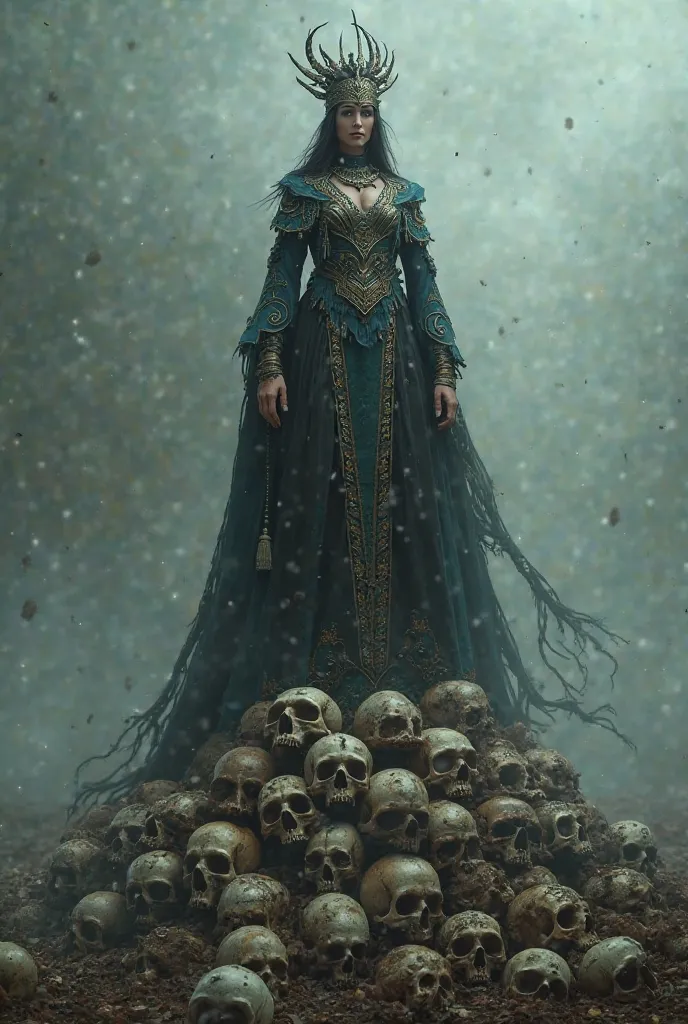 A lady witch doctor standing on a heap of skulls