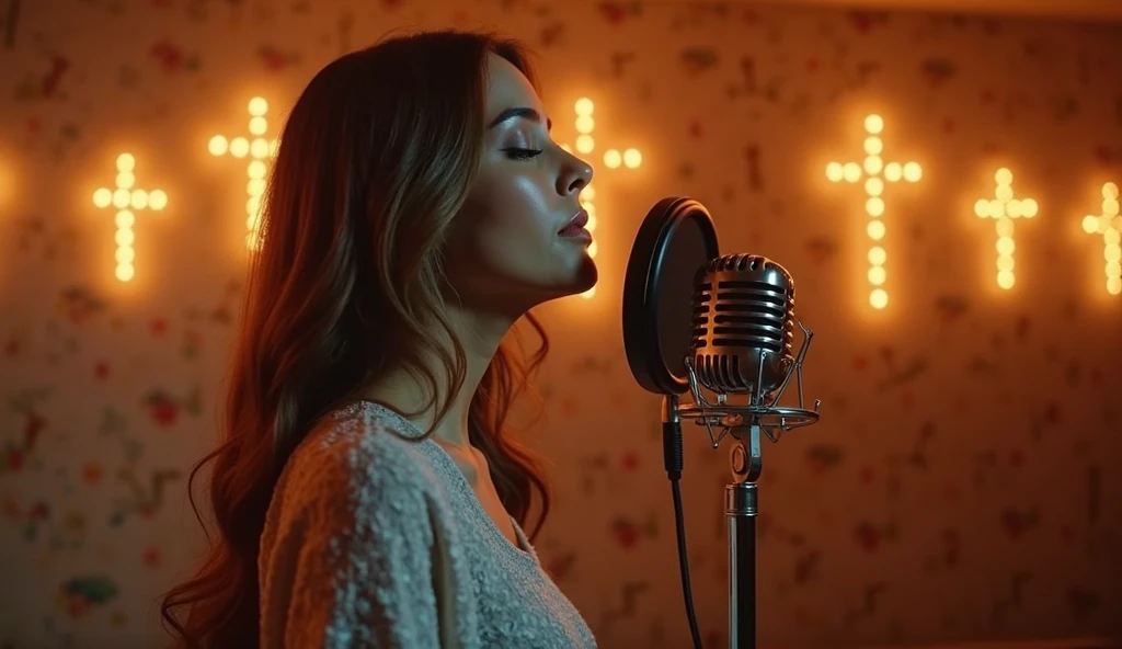 close up A potrays a woman standing calm singing behind mic in the middle of a modern studio, with illuminated crosses on the walls behind her, high detail, cinematic lighting, warm ambiance, realism, 4k resolution, masterful composition.
