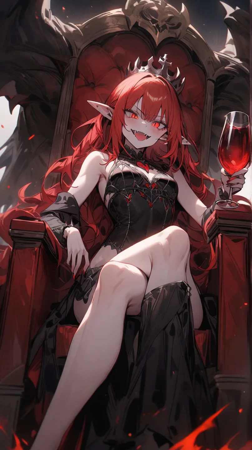 ((Best masterpiece, Perfect quality, Ultra detailed)), A vampire girl with small breasts, With skinny body, Morbid pale skin, Pointed ears, Bloody fangs, Redhead, Red hair, Glowing red eyes, Putting on a bikini armor, Iron crown, Holding a wine glass, Sitt...