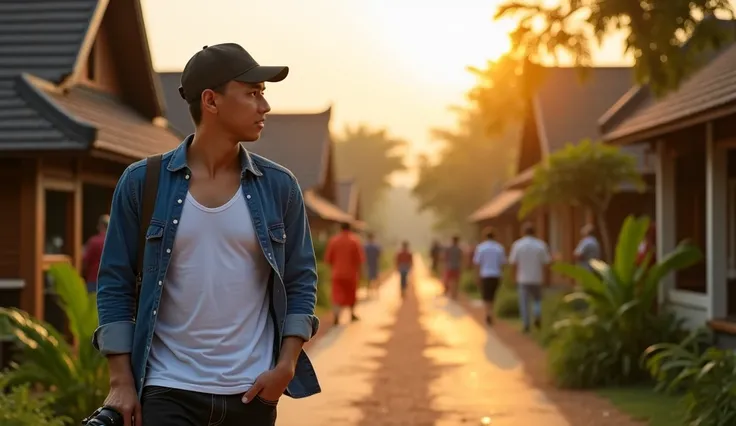 A highly realistic cinematic photograph in a 16:9 aspect ratio, capturing an Indonesian man walking through a scenic village in Thailand. He wears a black cap, a white tank top, and an unbuttoned blue denim shirt, paired with black jeans. He carries a Sony...