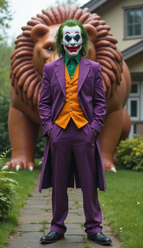 The joker character with white paint face makeup and red lips with dark color in his eye area with green hair and purple suit with green shirt and orange vest has the expression of a wide smile towards the audience standing confidently in a courtyard of th...