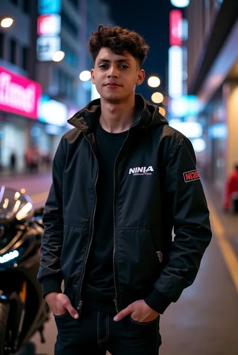 a young 20-year-old handsome native indonesian man standing in the background of hong kong giant black ninja sport motorcycle in hokong setting at night wearing a black hod jacket shirt with name written judhiesta wearing black jeans wearing nike shoes fac...