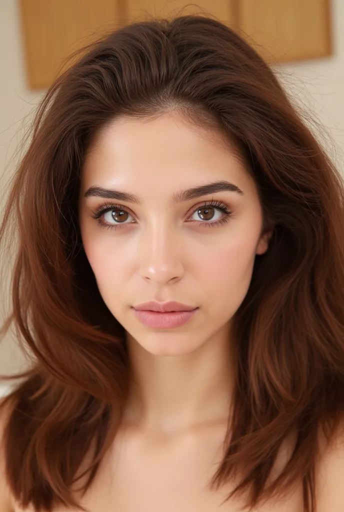 A Latin woman of approximately 20 years old looking at the camera, With light brown eyes and large brown hair.