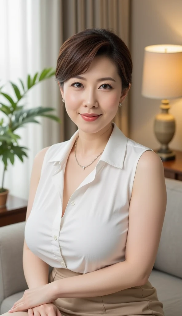  attractive mature woman with only a young face, ( detailed description of the hair), (  face ), ( body that reached its climax ), high image quality ,  masterpiece,  Top Quality,  (Head to Knee Composition:1.6)、(Staring back with a gentle smile:1.5),high ...