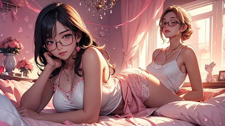 Highest quality、masterpiece、High sensitivity、High resolution、Detailed Description、Slender women、Glasses、White camisole、sleeping on bed room、Pink neon lights、In the room. closed eye