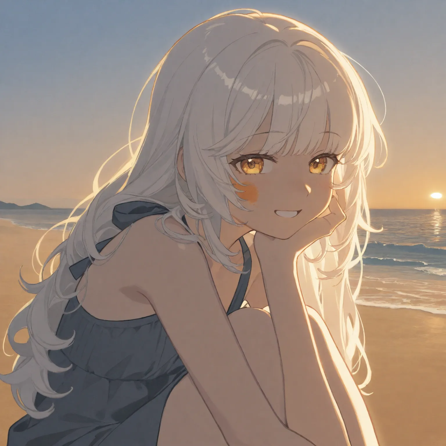 sandy beach, horizon, island, white hair,  long hair,  bangs, ,  with an indolent expression, 