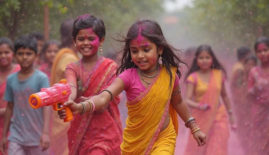 The young girl ( age 30 years) is trying to save her new saree, but the boy (age 30 years) is mischievously running behind her with a water gun. People are laughing in the background.in holi festival. Real photo