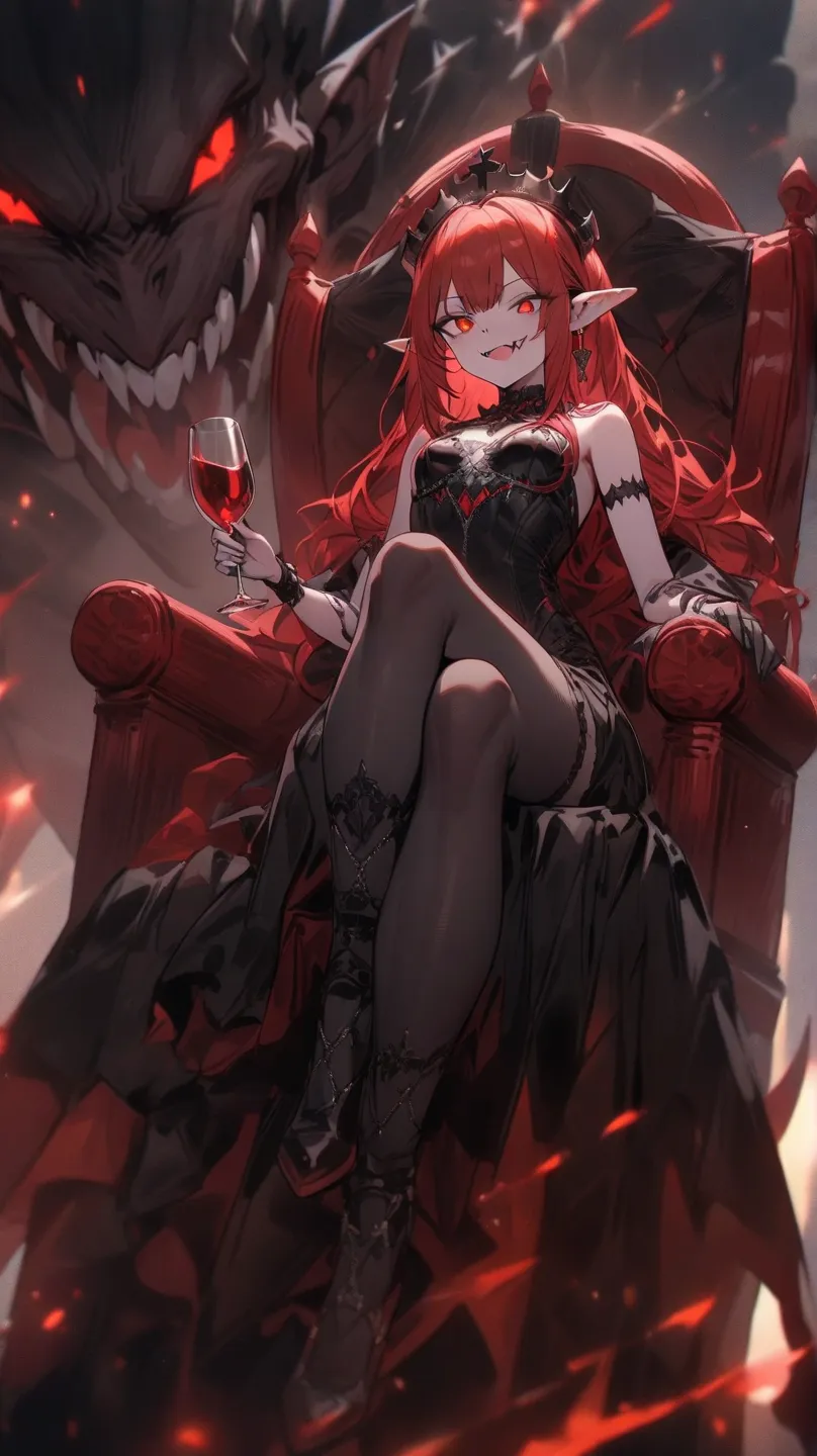 ((Best masterpiece, Perfect quality, Ultra detailed)), A vampire girl with small breasts, With skinny body, Morbid pale skin, Pointed ears, Bloody fangs, Redhead, Red hair, Glowing red eyes, Putting on a bikini armor, Iron crown, Holding a wine glass, Sitt...