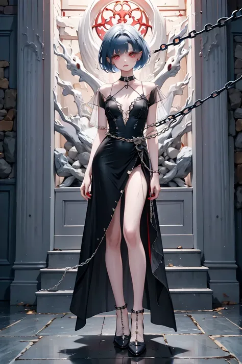 「Highest quality, Hi-Res,   Dark Fantasy Art  。I'm starting to think blood tastes good、 A room surrounded by cold stone walls 。
 her limbs are bound by chains 、  Can't Escape 。

(left side:  she's just a normal person ,  her eyes haven't changed ,  her ski...