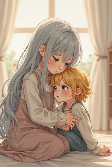 A girl with long and beautiful silver hair and blue eyes bows and wipes her little brother's head. He is . He has golden yellow hair and blue eyes showing surprised features