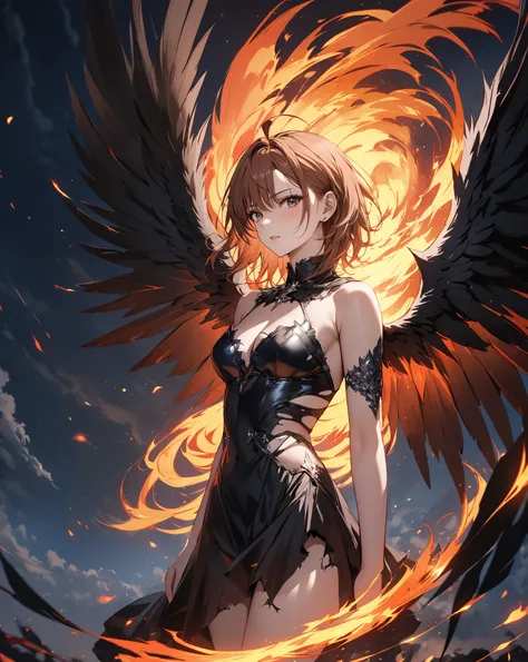 A Floating Feather, Demon World, Fallen Angel, Spiral of Fire, Ever Darkness, Torn Wings, ( Misaka Mikoto), masterpiece, highest quality, UHD, retina, masterpiece, accurate anatomy, super detailed, high quality, best quality, 8k