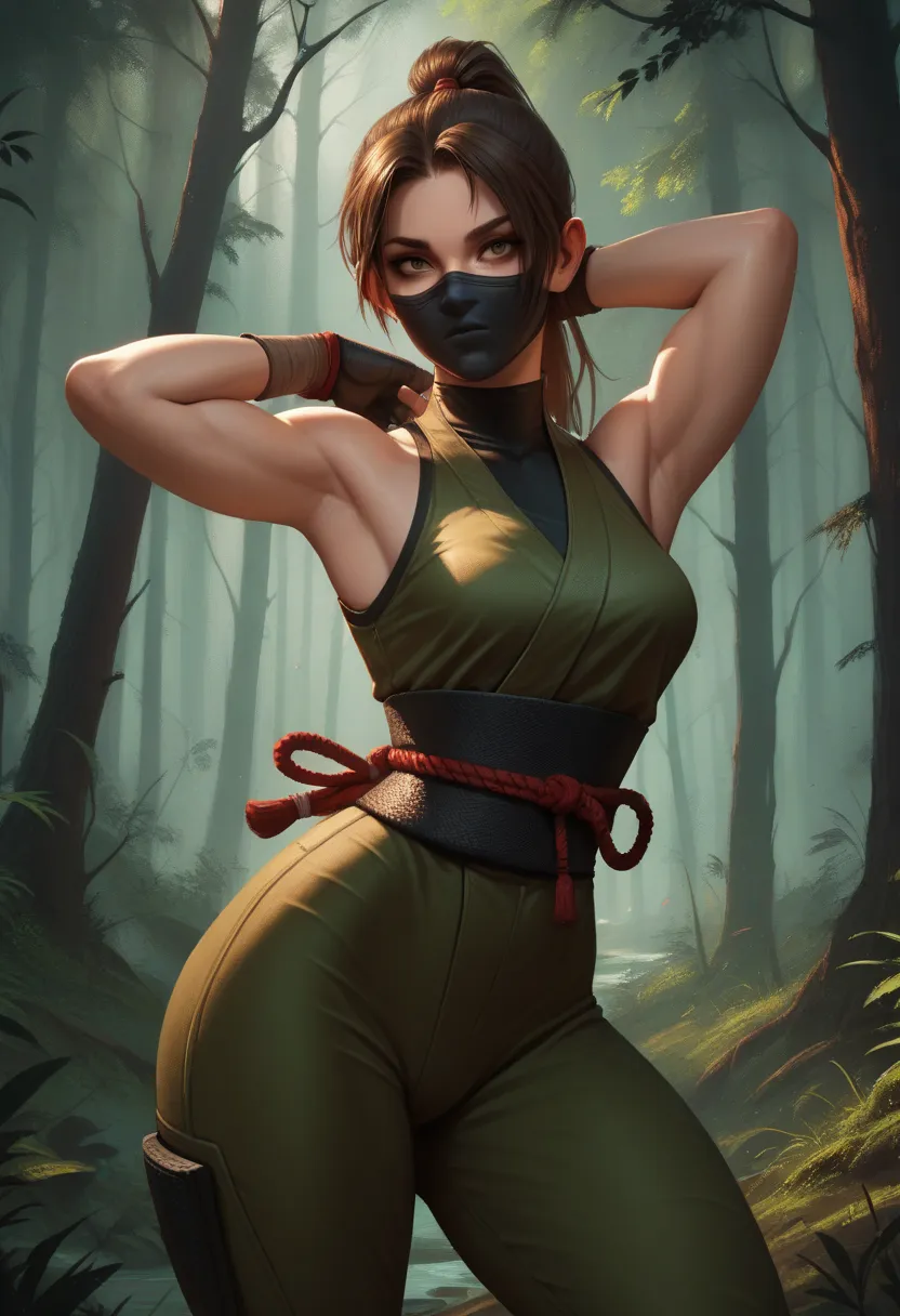 Ninja woman, mask, forest, brown hair, ponytail, swaying hips, sexy pose.