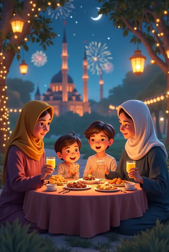 A 3D animated Disney Pixar styled scene where a warm and joyful Muslim family  wearing Muslim clothes are gathered around a table, breaking their fast. The table is full of delicious food like dates, samosas, and soup. They are excited, holding glasses of ...