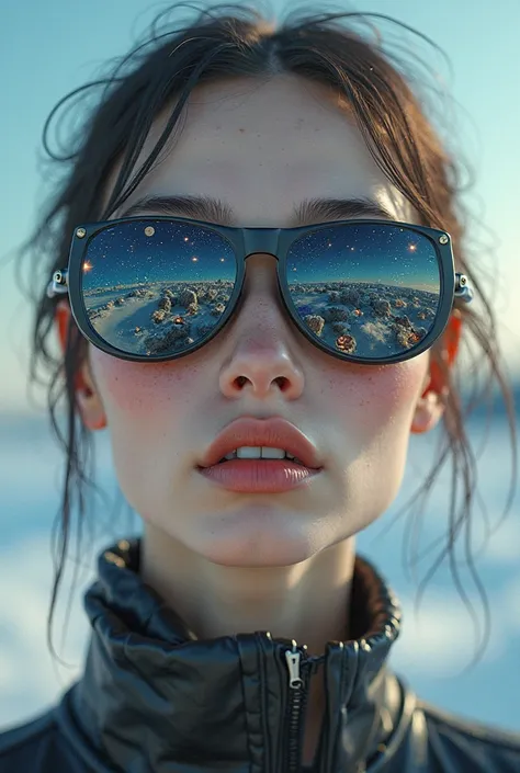 The model is wearing glass sunglasses with stars and the moon on the glass