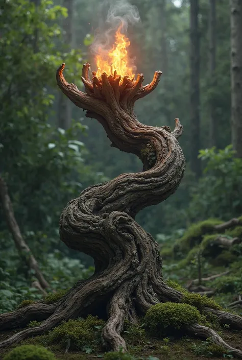 A tree branch in the shape of 3 
connected to a tree 
It is on a low fire at the top 