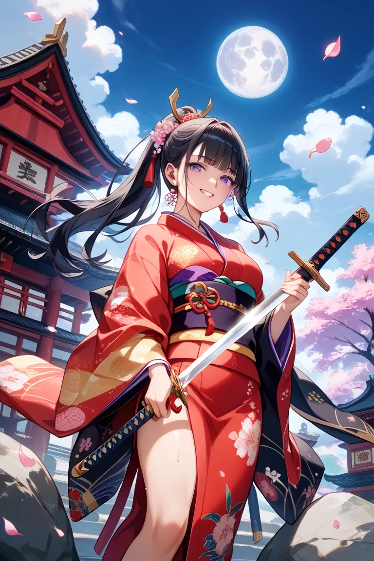 high image quality、Highest quality、(Beautiful woman in kimono standing holding the handle of a sword with her right hand:1.5)、Japanese、(Scrape up your hair with your left hand:1.4)、Smile with a proud expression、 dark purple eyes、Alluring、Wind blowing stron...