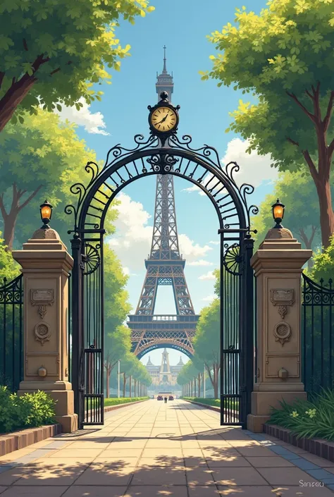 Make me a school gate like an cycle school, behind is the column clock , The Eiffel Tower is hidden behind the trees