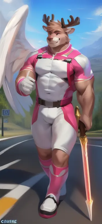  alone, male Tall​,huge​ body​, stand,Holding the magic staff of an angel.,angel Two wings long, road,Pink bear​ reindeer ,  pink military spacesuit commander ,  heavy overload,  muscle bundle, Smirking ,by chunie ​