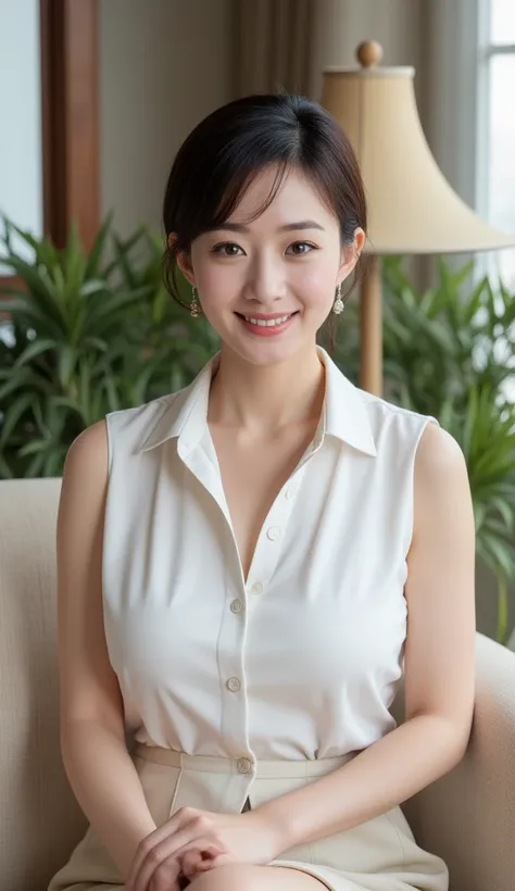  attractive mature woman with only a young face, ( detailed description of the hair), (  face ), ( body that reached its climax ), high image quality ,  masterpiece,  Top Quality,  (Head to Knee Composition:1.6)、( gentle smile:1.3),high detail, formal: 1.4...