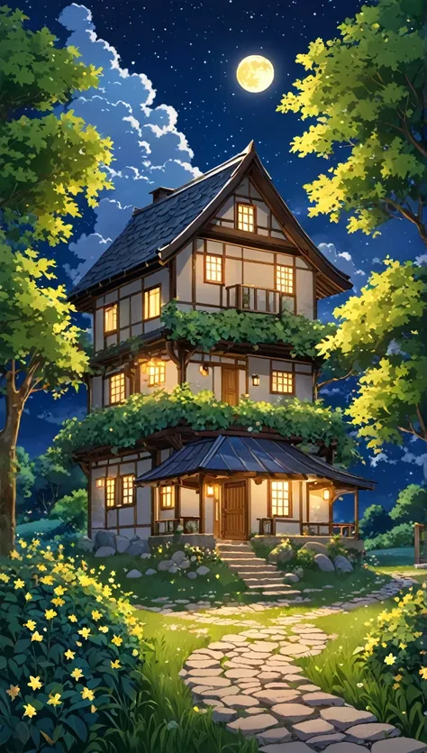  Create a serene nighttime scene that combines the tranquility of nature with the warmth of a cozy rural dwelling. The sky must be deep blue, Rich blue,  filled with bright clouds and scattered stars .  A bright full moon is positioned near the center ,  c...