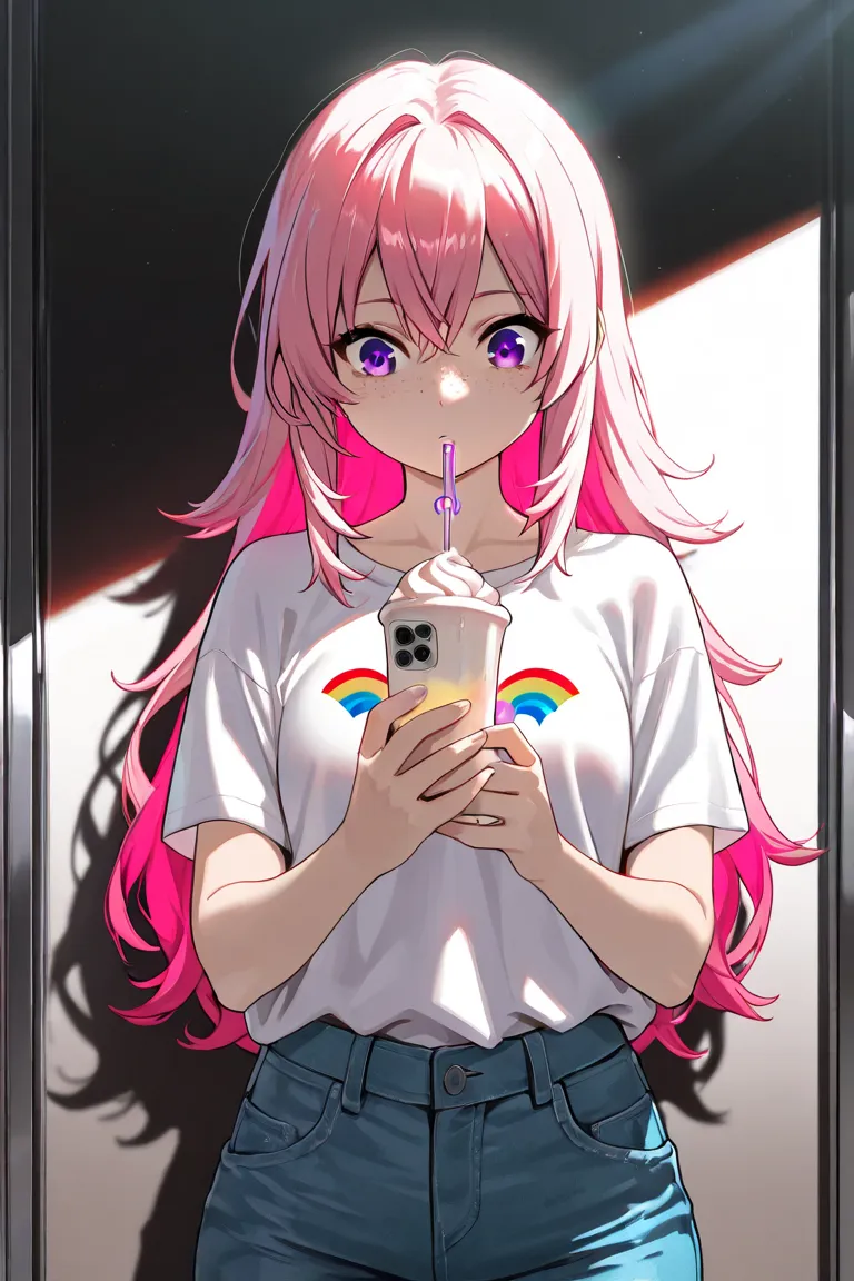 AniPoma 1,(masterpiece,  best illustration, The best manga), Alone, 1 girl, violet eyes, ( shiny skin,  soft hair for cell phones), (Milkshake in hand),  freckles, (Bright pink two-tone hair:1.3), ( wear a Led Zeppelin t-shirt,  denim jeans), ( Extreme lig...