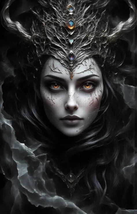 Accurate portraiture of the Norse goddess Hel,portrait,realistic eyes,face portrait,pov,16K, Realism, Masterpiece, looking at viewer,black and white photography with colored eyes,Masterpiece, High Resolution, Best Quality, Award Winning, Accurate, Detail, ...