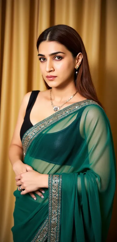 Young woman, likely in her late s or early twenties, wearing a deep emerald green saree.  The saree's fabric is sheer chiffon, draped gracefully over a black, lace-trimmed, bralette-style top.  The saree features a subtle, embroidered, beaded design in a s...