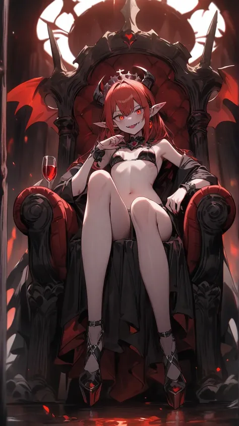 ((Best masterpiece, Perfect quality, Ultra detailed)), A vampire girl with small breasts, With skinny body, Morbid pale skin, Pointed ears, Bloody fangs, Redhead, Red hair, Glowing red eyes, Putting on a bikini armor, Navel, Iron crown, Holding a wine glas...