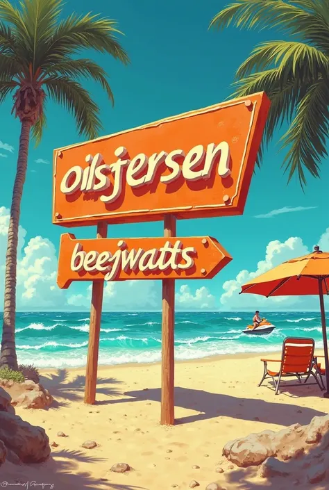 a sign in baywatch style containing the text "Oilsjtersen Beejwatsj" in A4 laying format