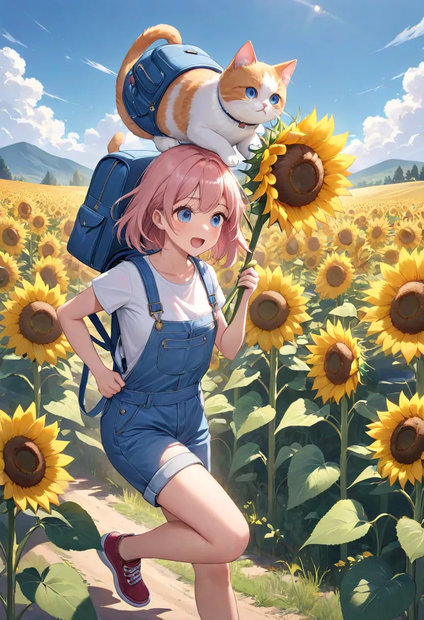 background sunflower hill high light a beautiful girl wearing a white t-shirt and a soft pink blue jacket, and overalls, holding a large transparent backpack containing a cat, the girl is running while lowering her head over flying sunflowers, awesome