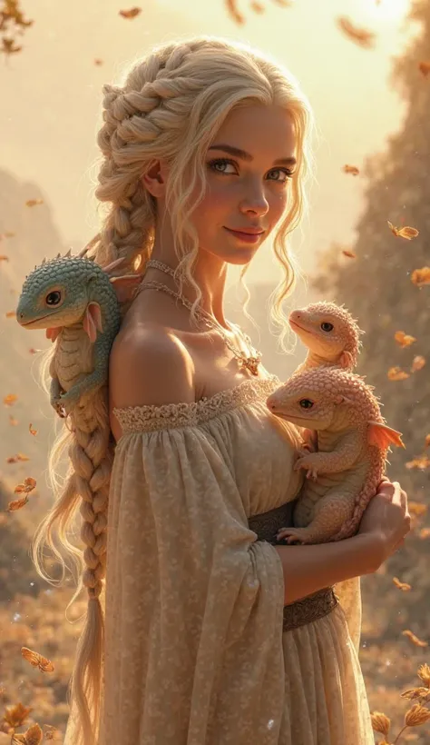 "Create a highly detailed and realistic image of Daenerys Targaryen standing in a serene setting, smiling softly as she gazes at three small, innocent-looking dragons. The dragons should have gentle, adorable expressions, with one perched delicately on her...