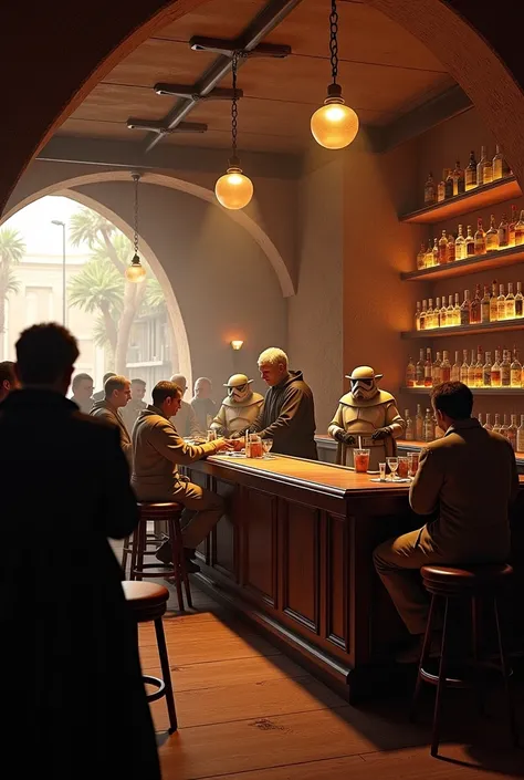 Catena bar from Star Wars, At the center of the room is the big bar with the barman, There are many different types of creatures, A band stands on the side with different instruments, There is alcohol and cigarettes, There are people playing cards, Not ver...