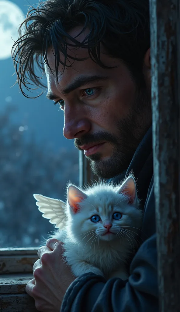 Under the moonlit sky, Jone silently sneaks towards Lisa’s home, carefully prying open a window. His ruggedly handsome face is partially hidden in shadows, his blue eyes glinting with determination. Inside, Nino, the small fluffy white kitten with angelic ...