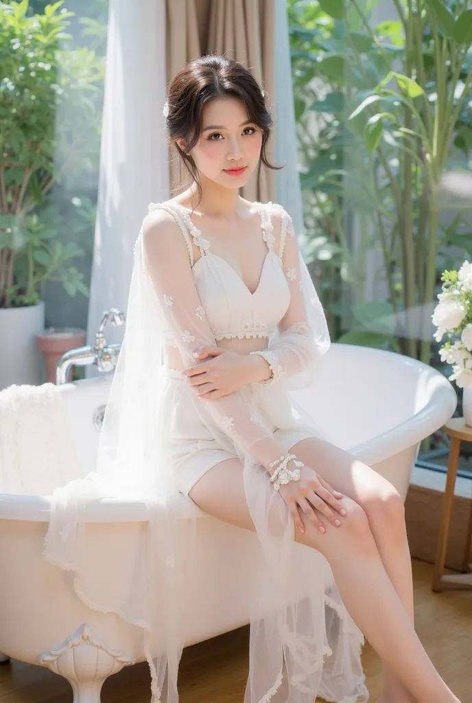 
a young woman sitting elegantly on the edge of a white vintage bathtub. She is wearing a delicate white lace outfit with sheer, flowing sleeves, and the fabric drapes gracefully onto the floor. Her hair is styled in a loose, elegant updo adorned with smal...