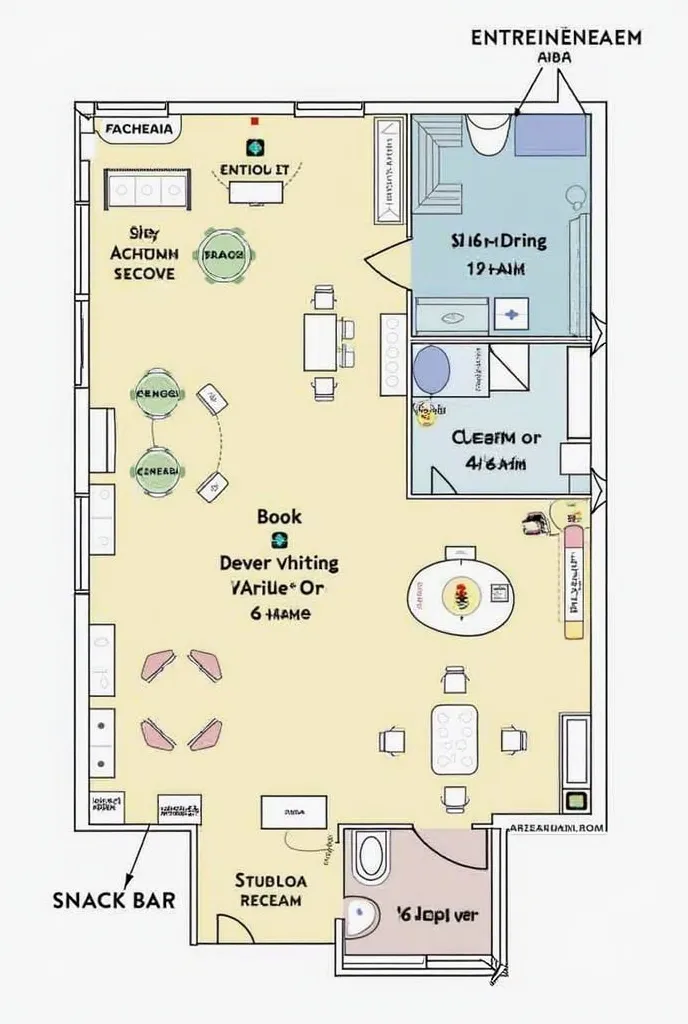 Learning Hub Floor Plan (Description):

Entrance Area – Maluwag at welcoming, may bookshelf display na nagpapakita ng featured books at snacks menu.
Comfortable Reading Spaces – Cozy seating na may bean bags, cushioned chairs, at small tables para sa indiv...