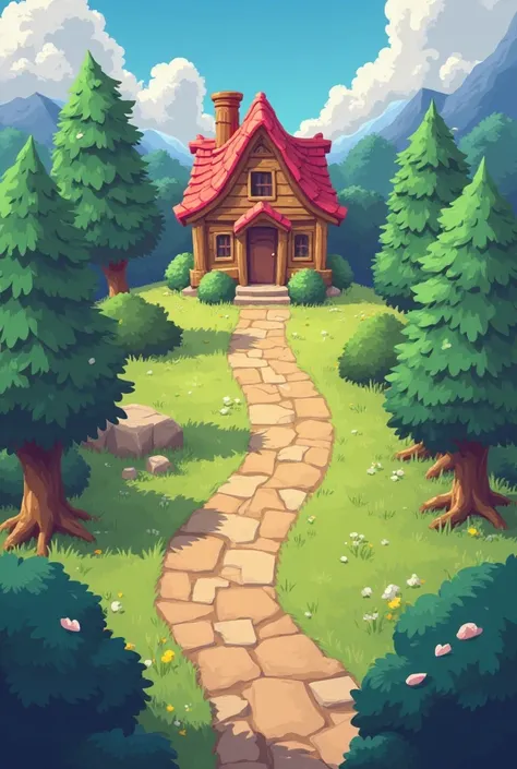 a cartoon game with a house, mobile game background, game map with long path, odin's stone arena background, mobile game asset, game screen, mobile game art, game ui asset design, game ui, game interface, ingame image, detailed game art, game concept, in a...