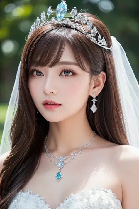 (Masterpiece,  top quality: 1.4),  detailed background, White Crystal,  Crystal Clusters , long hair,  jewelry,  earrings,  necklace,  crown, bride, Gray Hair, halo,