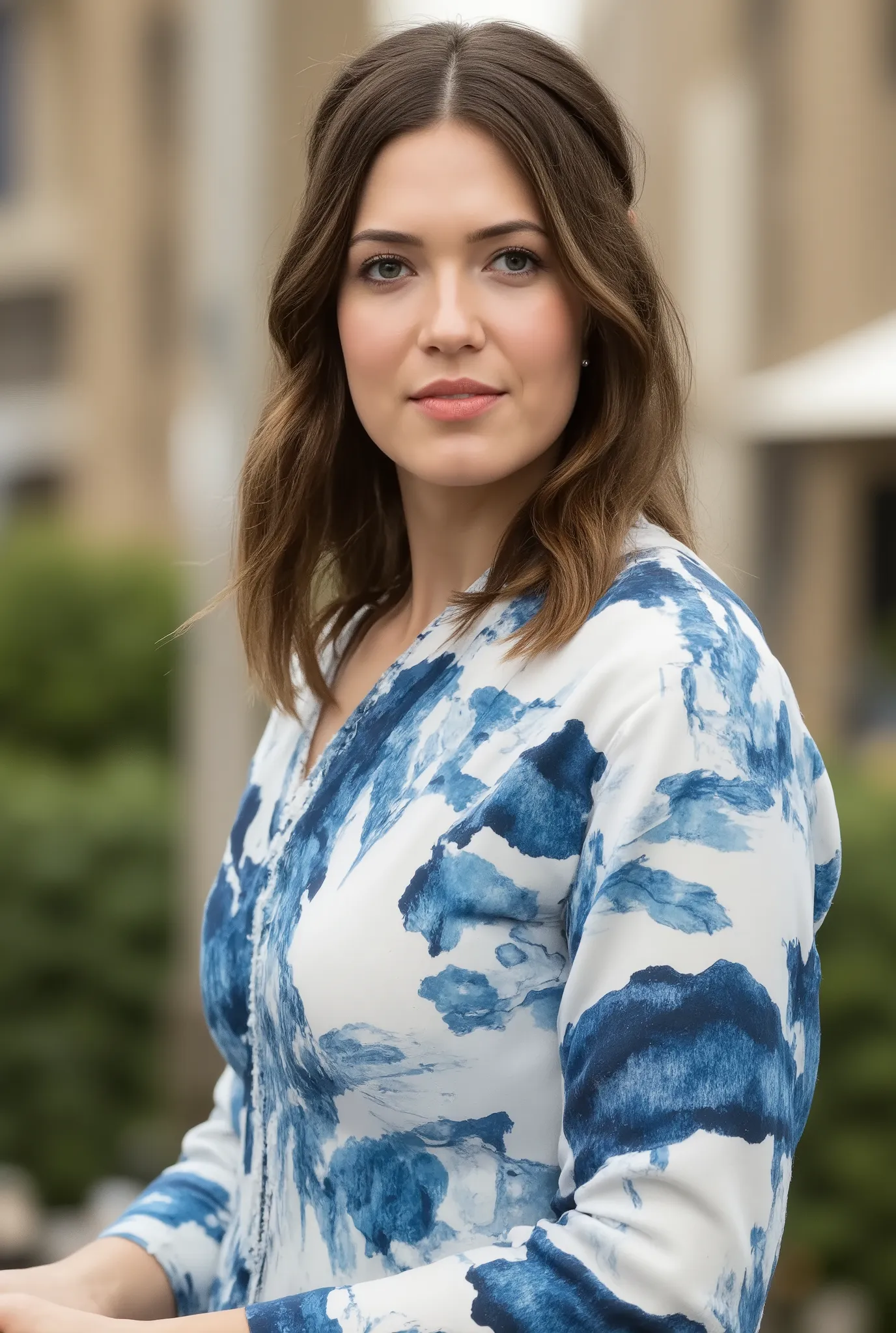 best quality, highres, 8k, masterpiece, photography, detailed midbody photorealistic portrait. Mandy Moore wears a blue yukata featuring a traditional mountain landscape motif, symbolizing the natural beauty of Kyoto. The fabric is light and breathable, pe...