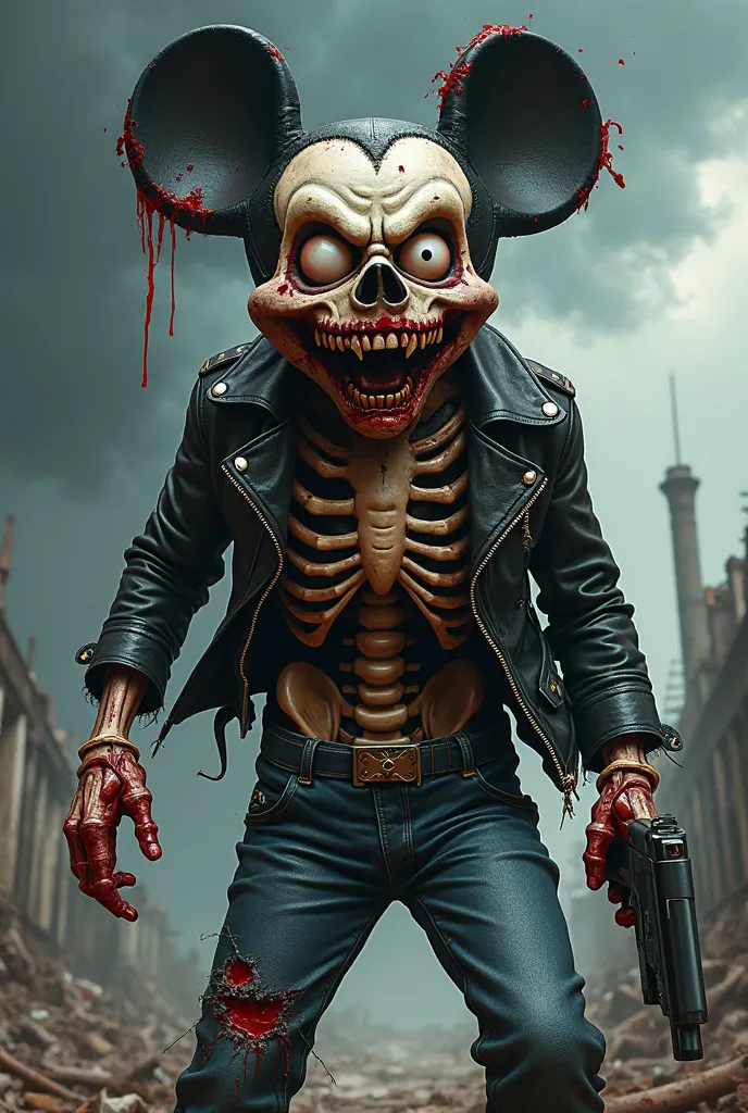 A grotesque, skeletal figure, reminiscent of a zombiefied Mickey Mouse, is positioned in the center of the image.  The figure wears a dark leather jacket and jeans, with exposed skeletal structure visible beneath.  Bloodstains and torn fabric add to the ma...