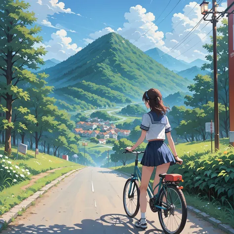 High writing precision, no crushed frames, high precision in the finish of each and every frame, Makoto Shinkai art style, a high school girl in a sailor uniform riding a bicycle up a hill, a summer afternoon, a slope in a port town, the sea is visible, sm...