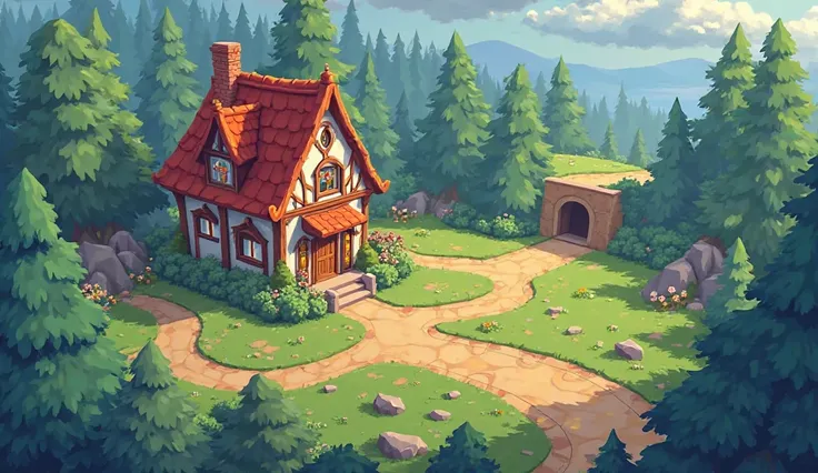 a cartoon game with a house as the start pit and another house as end pit , mobile game background, game map with long path, odin's stone arena background, mobile game asset, game screen, mobile game art, game ui asset design, game ui, game interface, inga...