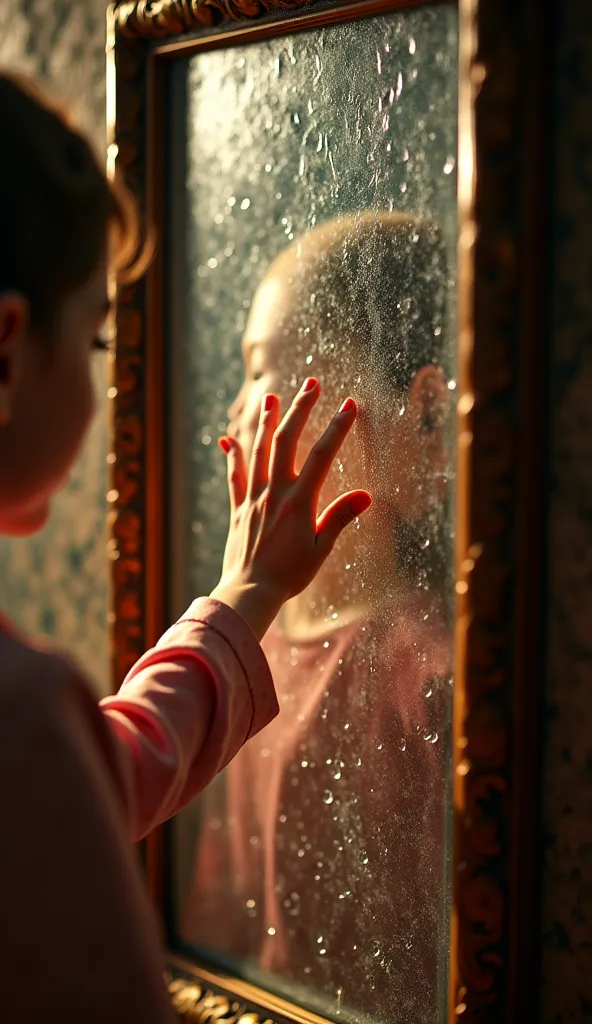 the girl touches the old ancient traditional mirror glass and the mirror glass texture like water and the girl's hand go into the mirror with little wiggles on the mirror, ultra realistic cinematic 4k, warm lighting, inside room scene