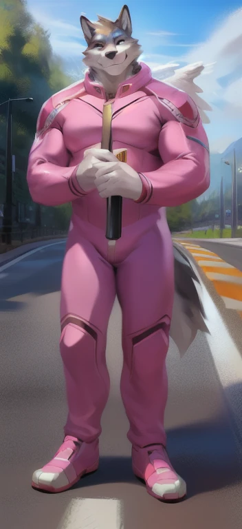  alone, male Tall​,huge​ body​, stand,Holding the magic staff of an angel.,angel Two wings long, road,Pink bear​ wolf ,  pink military spacesuit commander ,  heavy overload,  muscle bundle, Smirking ,by chunie ​