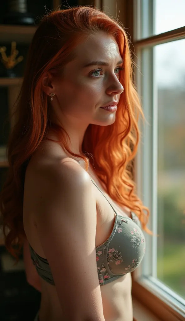 Beautiful young woman, 25 years old, chubby girl, looking through the window, gorgeous face, light freckles, irish redhead, wavy long ginger hair, pale skin, skin imperfections, detailed eyes, grey eyes, big breasts, wide hips, sharp Focus, ultra high qual...