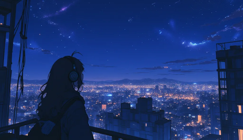   night 、A woman looking up at the night view from a rooftop、 I'm wearing headphones 、upper body up illustration