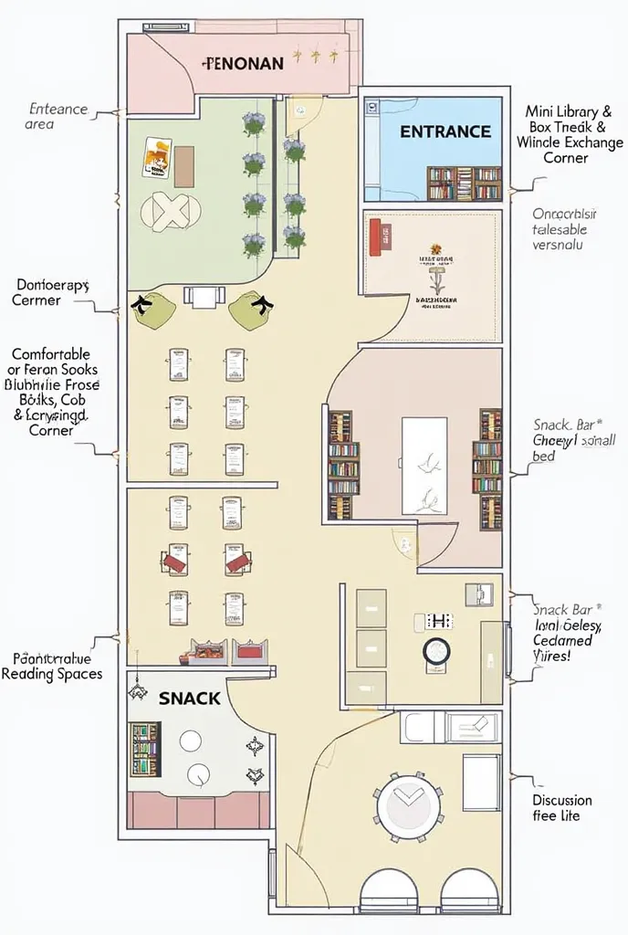 Learning Hub Floor Plan (Description): Entrance Area – Spacious and welcoming, with a bookshelf display showing featured books and snacks menu. Comfortable Reading Spaces – Cozy seating with bean bags, cushioned chairs, and small tables for individual read...