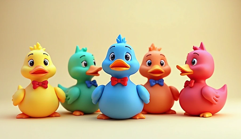 Five Little Ducks: The five little ducks are mixed colors: Yellow, Blue, Green, Red, and Purple. Each has a unique color but the same size and shape, with orange beaks and tiny bows matching their color.   all ducks  mix  colour red and  blue green   gener...