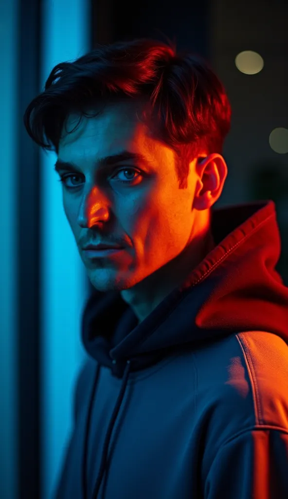 A portrait of a man illuminated by contrasting colored lights. The face is bathed in cold blue light on one side, while the other side is bathed in warm orange light, creating a cinematic and dramatic effect.

The subject is wearing a modern, urban-designe...