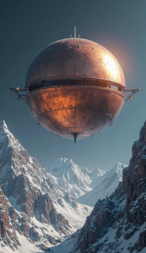 Copper-colored metallic spherical ship flying over a mountain with dark blue sky  